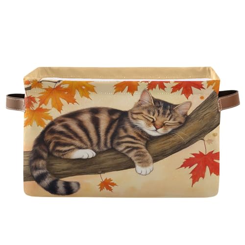 Wamika Fall Cat Kitty Storage Basket with Waterproof Liner and PU Handles Autumn Maple Leaves Storage Bins Boxes 142 Collapsible Decorative Organizer Baskets for Bedroom Closet Office 1 Pack - Image 1