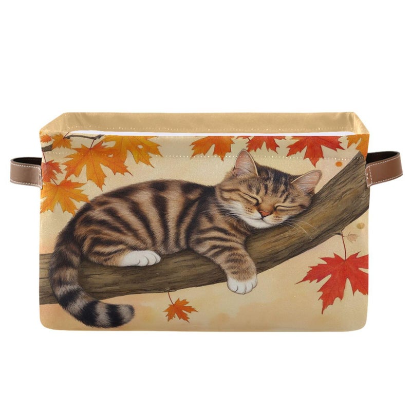 Wamika Fall Cat Kitty Storage Basket with Waterproof Liner and PU Handles Autumn Maple Leaves Storage Bins Boxes 142 Collapsible Decorative Organizer Baskets for Bedroom Closet Office 1 Pack - Image 2