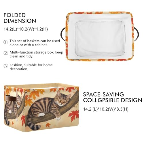 Wamika Fall Cat Kitty Storage Basket with Waterproof Liner and PU Handles Autumn Maple Leaves Storage Bins Boxes 142 Collapsible Decorative Organizer Baskets for Bedroom Closet Office 1 Pack - Image 3