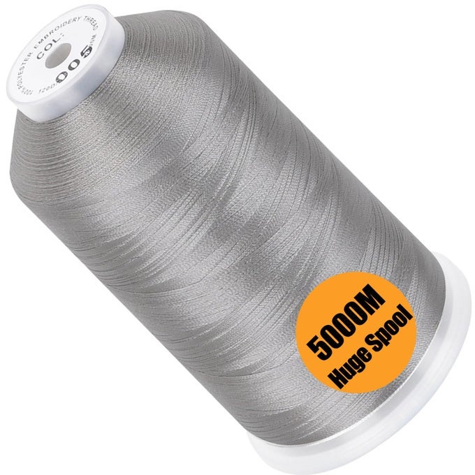 SINGLE HUGE SPOOL 5000M EACH POLYESTER EMBROIDERY MACHINE THREAD 40WT FOR COMMERCIAL AND DOMESTIC MACHINES SILVER