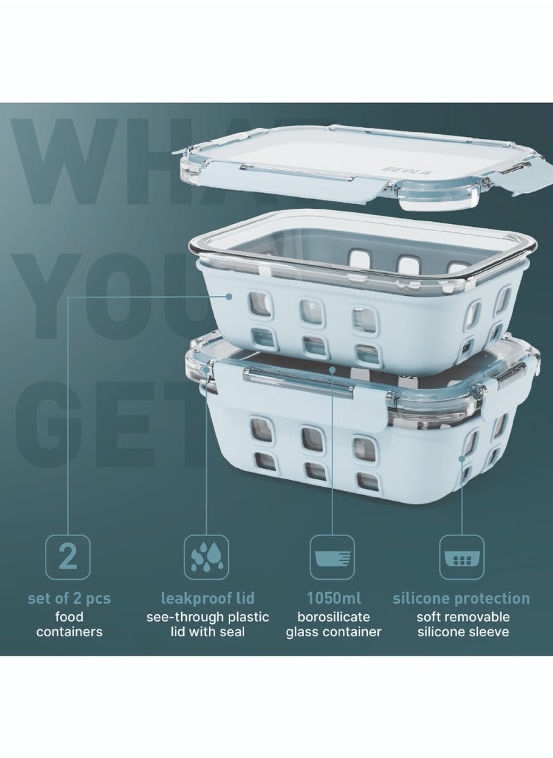 BEOLA Set of 2 Glass Food Storage Containers with Airtight Lids and Silicone Protection, Leakproof Food Organizer, Freezer, Dishwasher, Microwave Safe, Kitchen Organizer for Food (1050ml, Ice Blue)  - Image 2