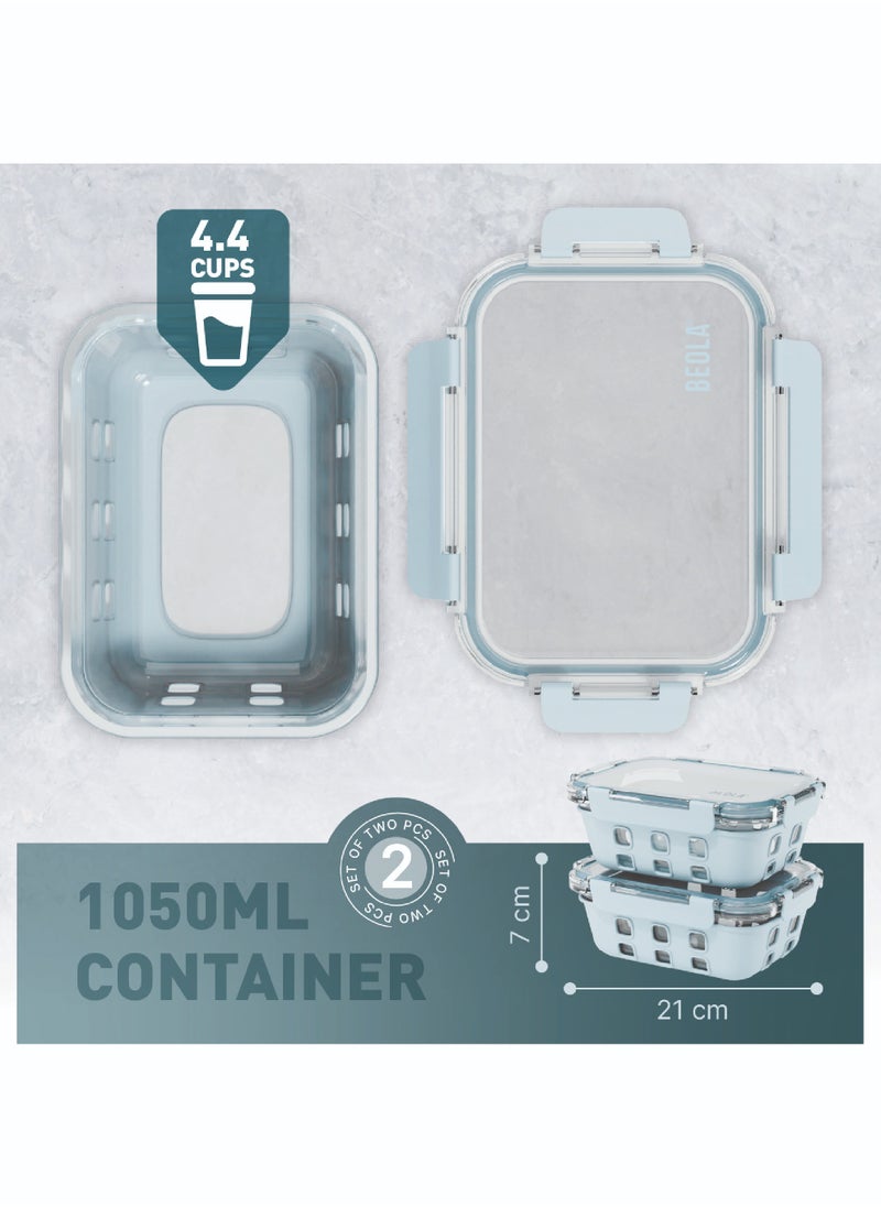 BEOLA Set of 2 Glass Food Storage Containers with Airtight Lids and Silicone Protection, Leakproof Food Organizer, Freezer, Dishwasher, Microwave Safe, Kitchen Organizer for Food (1050ml, Ice Blue)  - Image 3