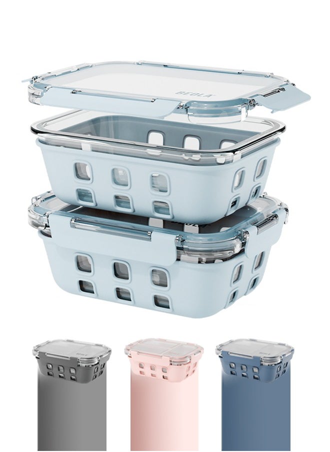 BEOLA Set of 2 Glass Food Storage Containers with Airtight Lids and Silicone Protection, Leakproof Food Organizer, Freezer, Dishwasher, Microwave Safe, Kitchen Organizer for Food (1050ml, Ice Blue)  - Image 1