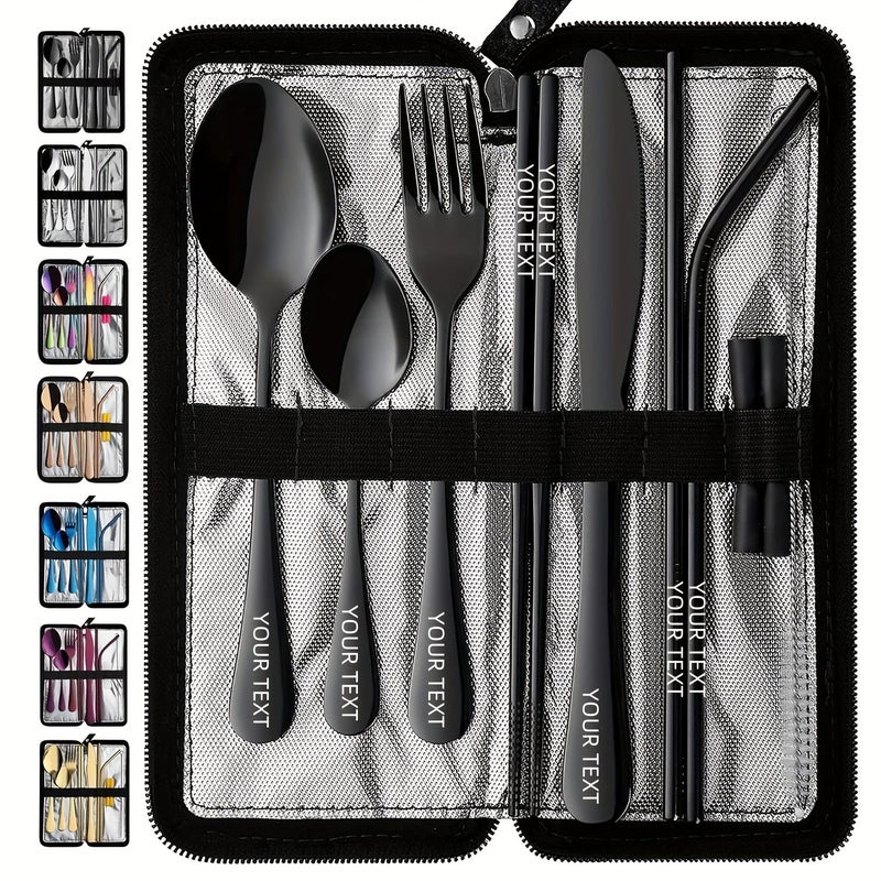 Personalized Custom Golden Color 9 Piece Portable Camping Cutlery Set In Bag Reusable Stainless Steel Silverware For Outdoor Picnic Lunch Travel - Image 1