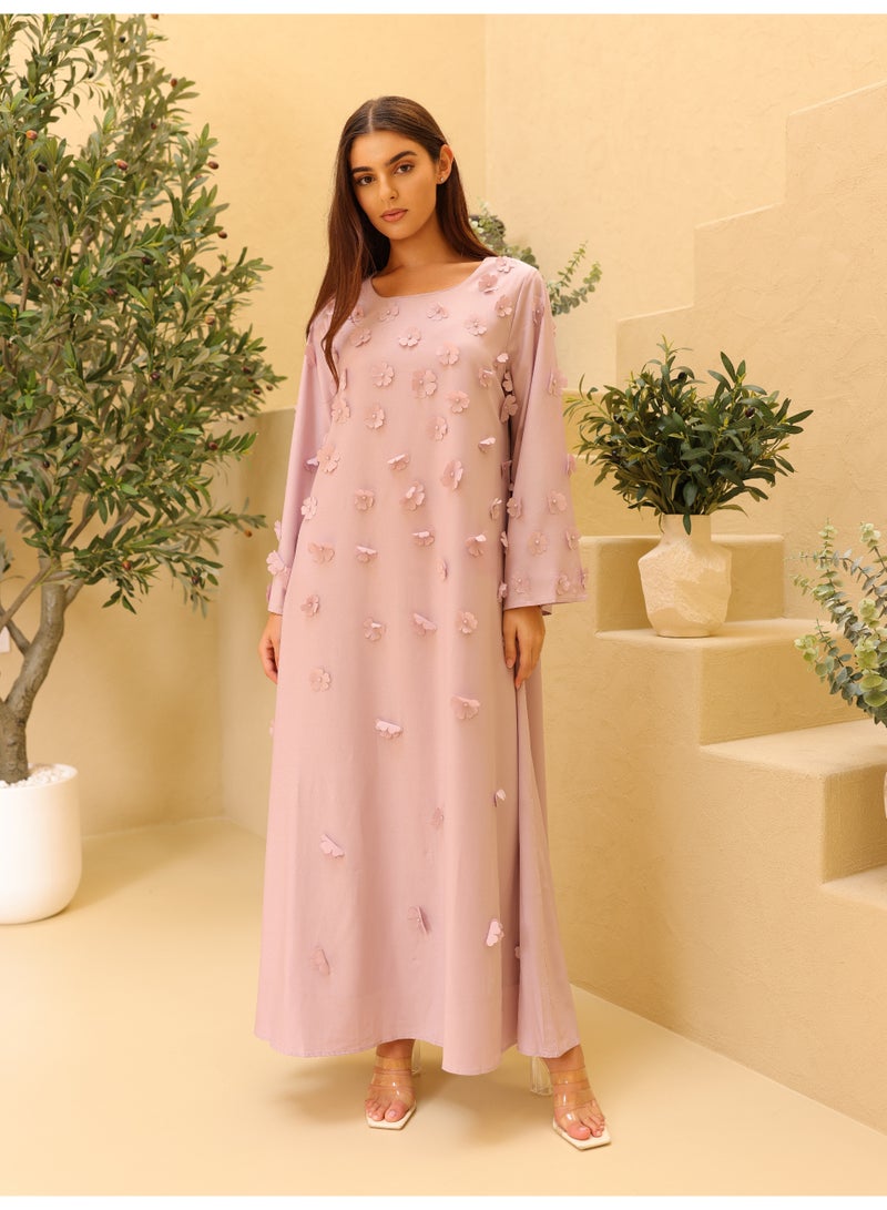 IKKXA Solid 3D Flowers Elegant Jalabiya IK6029 Pink - Image 1