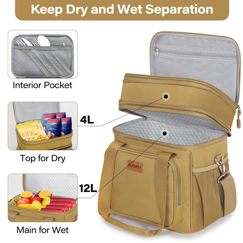 GLENKEY Expandable Large Lunch Box, Insulated Heavy Duty Lunch Bag Waterproof Leakproof Durable Cooler Bag for Men Women Adults Work Construction Camping Trip, 16L, Brown - Image 2