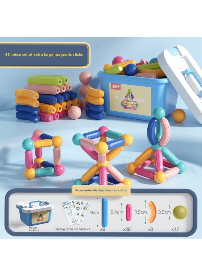 Varied Magnetic Bar Children's Building Blocks Assembled Educational Baby Gift Magnet 2 Years Old Boys And Girls 4 Toys-Color:[63-piece Set] Plus Number Upgrade Strong Magnetic Bar-delivery And Storage Bucket  - Image 1