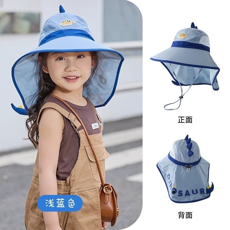 Kids' Sun Protection Hat with Dinosaur Design - Breathable Summer Beach Cap for Boys and Girls