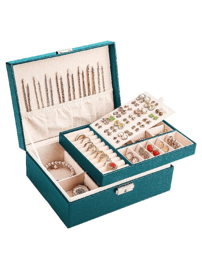 RollsTimi  - Jewelry Box For Women Girls,2 Layers Jewelry Organizer Container with Lock,PU Leather Storage Case with Removable Tray,Jewelry Display Holder For Necklaces Earrings Bracelets Rings Watches,Green - Image 1