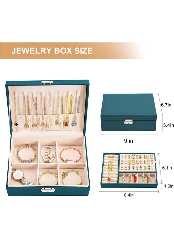 RollsTimi  - Jewelry Box For Women Girls,2 Layers Jewelry Organizer Container with Lock,PU Leather Storage Case with Removable Tray,Jewelry Display Holder For Necklaces Earrings Bracelets Rings Watches,Green - Image 1