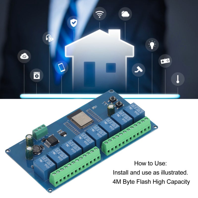 وحدة تعويض 8 قنوات: تعويض 5 فولت، فلاش ذاكرة 4 ميجا بايت، وحدة ESP32-WROOM-32E مستقرة - أزرار قابلة للبرمجة، منافذ إدخال/إخراج منفذة لوحة تعويض ESP32 لتشغيل المنزل الذكي، مشاريع إلكترونية ذاتية الصنع - Image 5