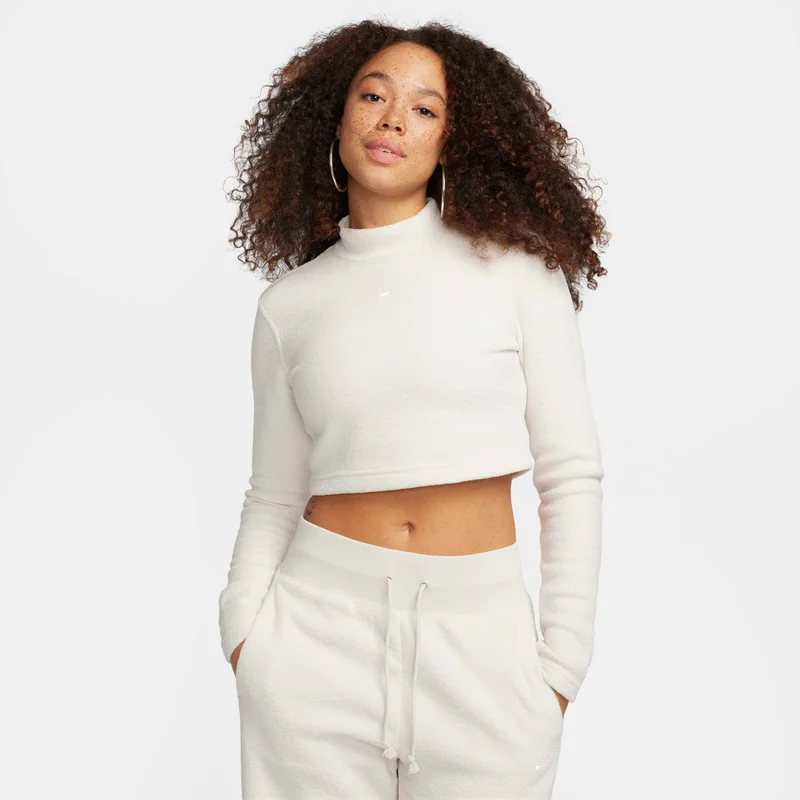 Nike White Women's Sportswear Phoenix Plush Mock-Neck Long-Sleeve Cropped Cosy Fleece Top for Women | Best Price UAE