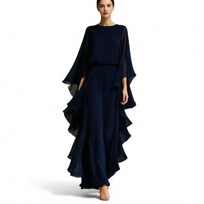 Women's Chiffon Top with Flared Sleeves and Straight Leg Pants Set with Ruffle Trim - Image 3
