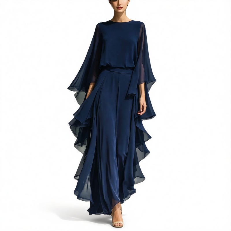 Women's Chiffon Top with Flared Sleeves and Straight Leg Pants Set with Ruffle Trim - Image 5