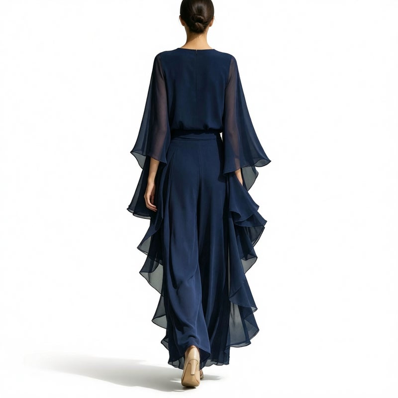 Women's Chiffon Top with Flared Sleeves and Straight Leg Pants Set with Ruffle Trim - Image 4