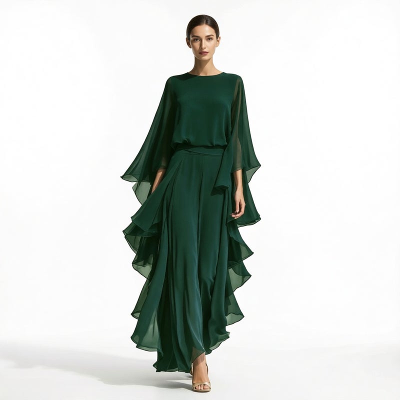 Women's Chiffon Top with Flared Sleeves and Straight Leg Pants Set with Ruffle Trim - Image 2