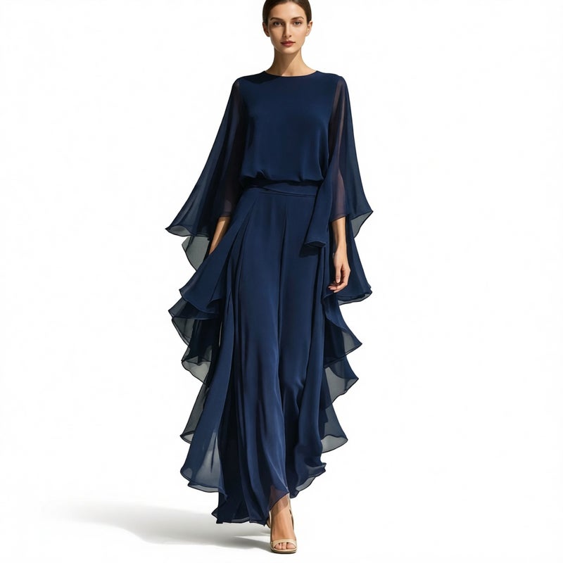 Women's Chiffon Top with Flared Sleeves and Straight Leg Pants Set with Ruffle Trim - Image 1