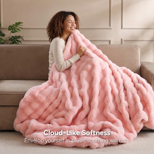 Smoofy Faux Fur Throw Blanket for Couch Blush Pink Super Soft Cozy Bubble Blanket Fluffy Plush Fuzzy Throw for Sofa Bed Thick Lightweight Warm Blanket Luxury Aesthetic Gift for Women 50x60 - Image 3