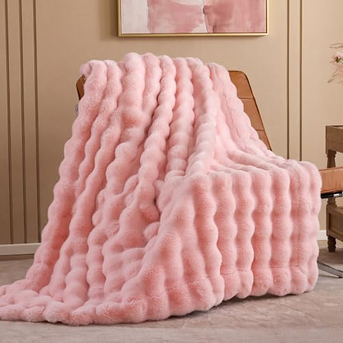 Smoofy Faux Fur Throw Blanket for Couch Blush Pink Super Soft Cozy Bubble Blanket Fluffy Plush Fuzzy Throw for Sofa Bed Thick Lightweight Warm Blanket Luxury Aesthetic Gift for Women 50x60 - Image 1