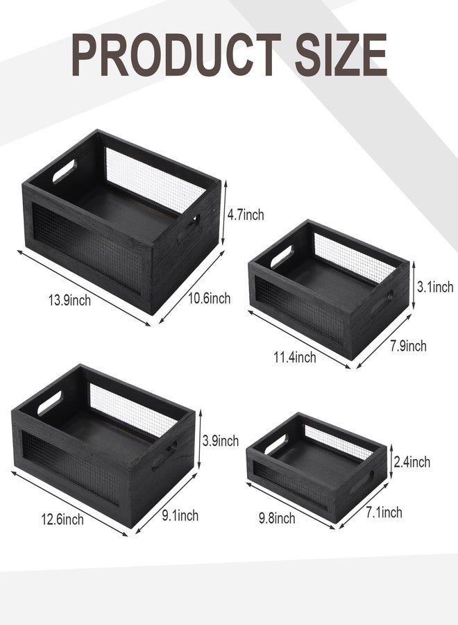 FillTouch 4 Pcs Wooden Nesting Countertop Baskets 4 Size Wooden Storage Box with Handle and Metal Wire Multipurpose Wood Organizer Crate for Fruit Vegetable Kitchen Cabinet Bathroom (Black,Small) - Image 2