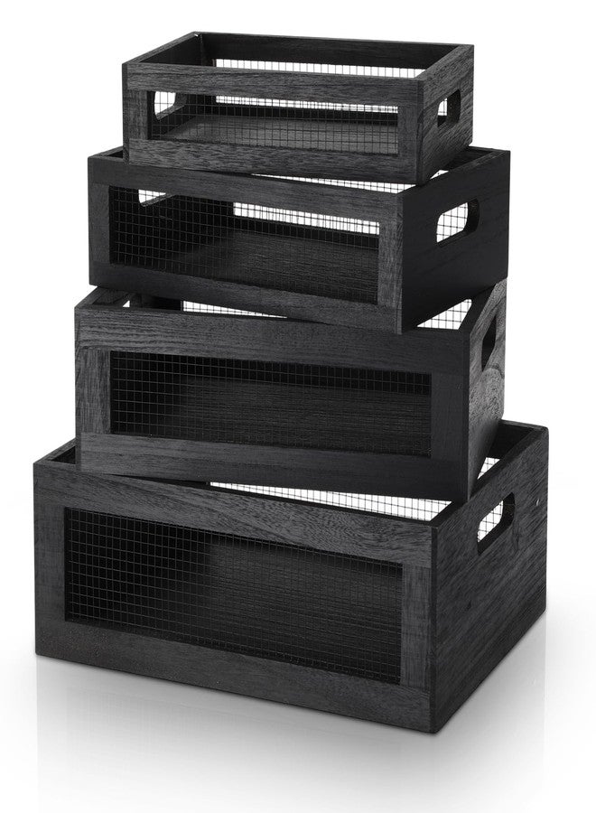 FillTouch 4 Pcs Wooden Nesting Countertop Baskets 4 Size Wooden Storage Box with Handle and Metal Wire Multipurpose Wood Organizer Crate for Fruit Vegetable Kitchen Cabinet Bathroom (Black,Small) - Image 1