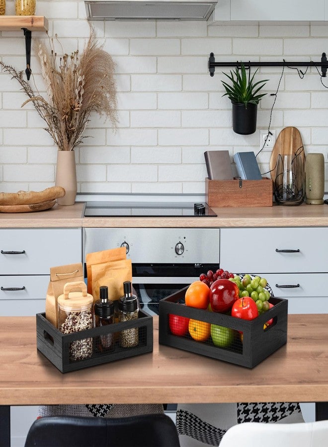 FillTouch 4 Pcs Wooden Nesting Countertop Baskets 4 Size Wooden Storage Box with Handle and Metal Wire Multipurpose Wood Organizer Crate for Fruit Vegetable Kitchen Cabinet Bathroom (Black,Small) - Image 4