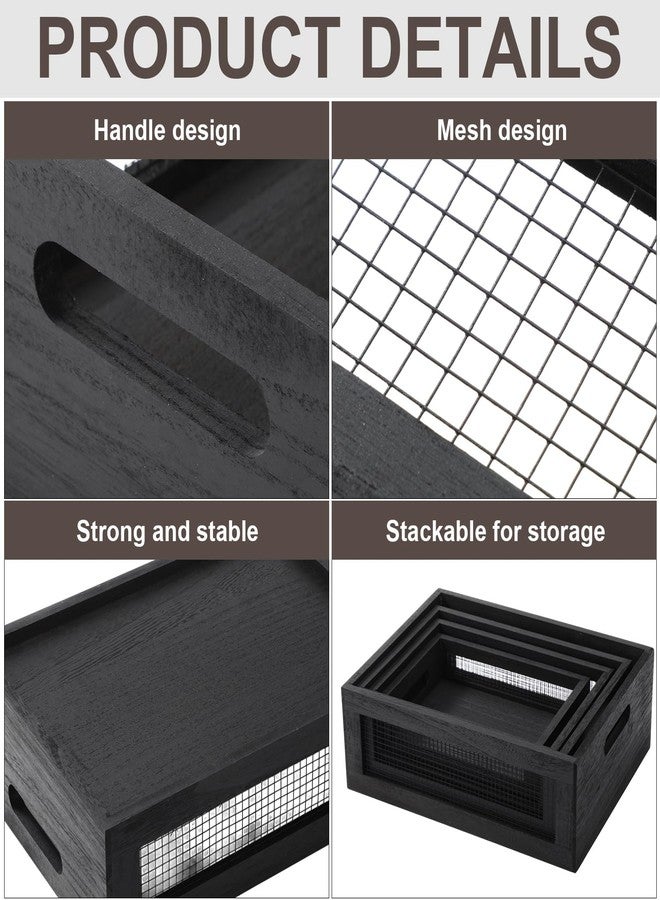 FillTouch 4 Pcs Wooden Nesting Countertop Baskets 4 Size Wooden Storage Box with Handle and Metal Wire Multipurpose Wood Organizer Crate for Fruit Vegetable Kitchen Cabinet Bathroom (Black,Small) - Image 3