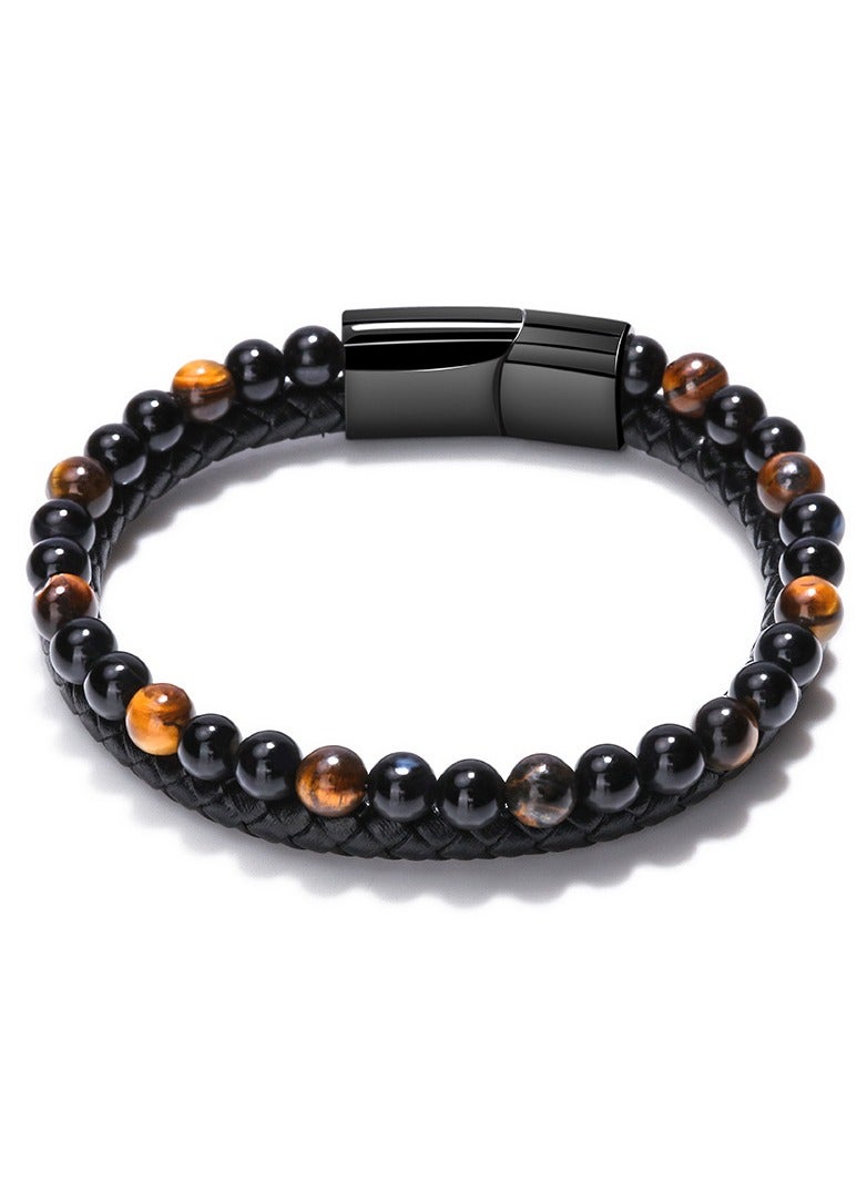 2 Layer Men’s Bracelet Made Of Natural Beads And PU Leather  - Image 1