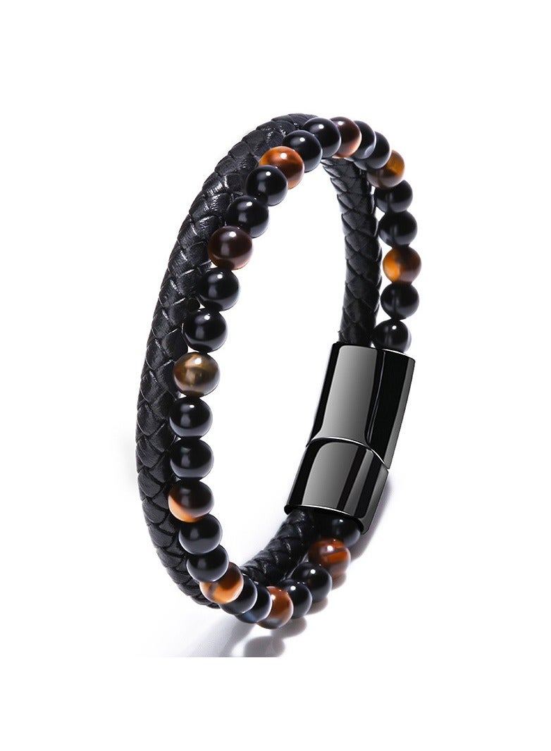 2 Layer Men’s Bracelet Made Of Natural Beads And PU Leather  - Image 2