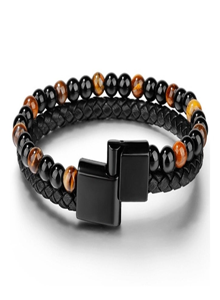 2 Layer Men’s Bracelet Made Of Natural Beads And PU Leather  - Image 3