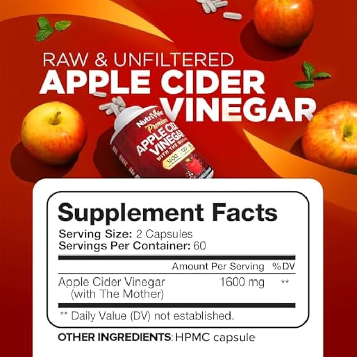 Nutrivein Premium Apple Cider Vinegar Supplements with Mother - 1600 mg - 120 Apple Cider Vinegar Capsules: ACV Pills for Digestion, Keto, Cleansing, and Balanced Nutrition - Image 3