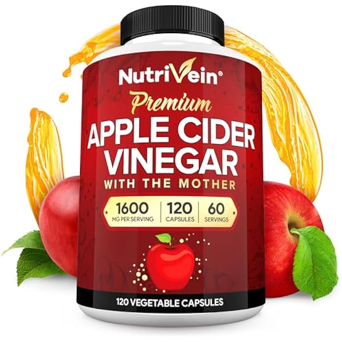 Nutrivein Premium Apple Cider Vinegar Supplements with Mother - 1600 mg - 120 Apple Cider Vinegar Capsules: ACV Pills for Digestion, Keto, Cleansing, and Balanced Nutrition - Image 1