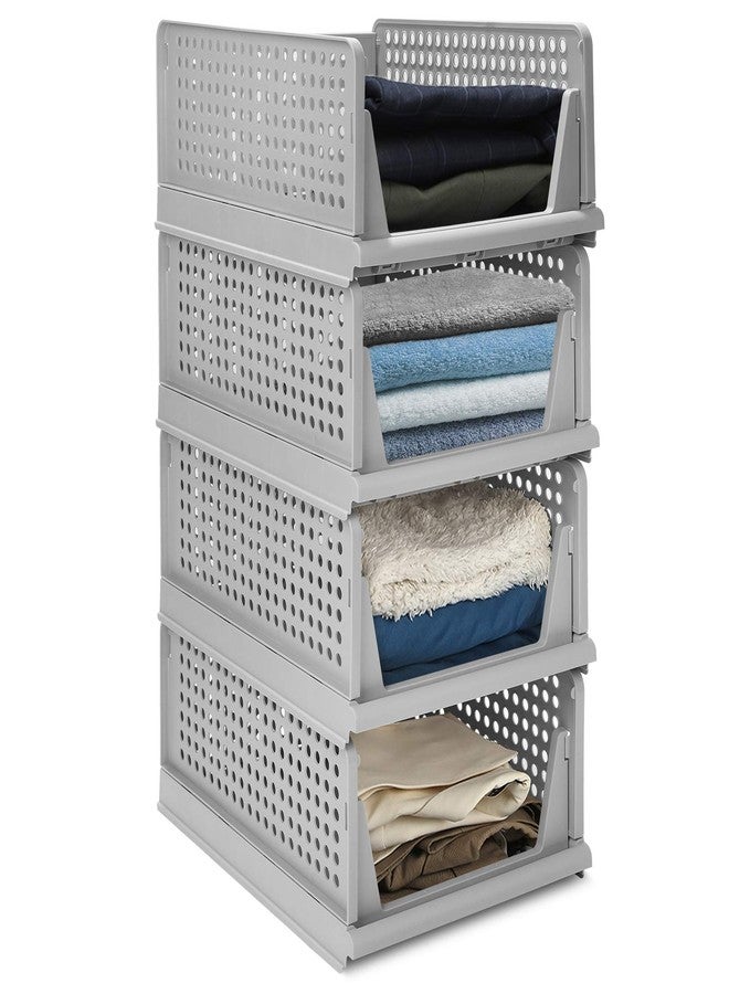 Phyllia 4 Pack Closet Basket Shelf Storage Bins Plastic Super Large Capacity Collapsible Kid Toy Rack for Kitchen Cabinets, Pantry, Offices, Bedrooms, Bathrooms(Gray) - Image 1