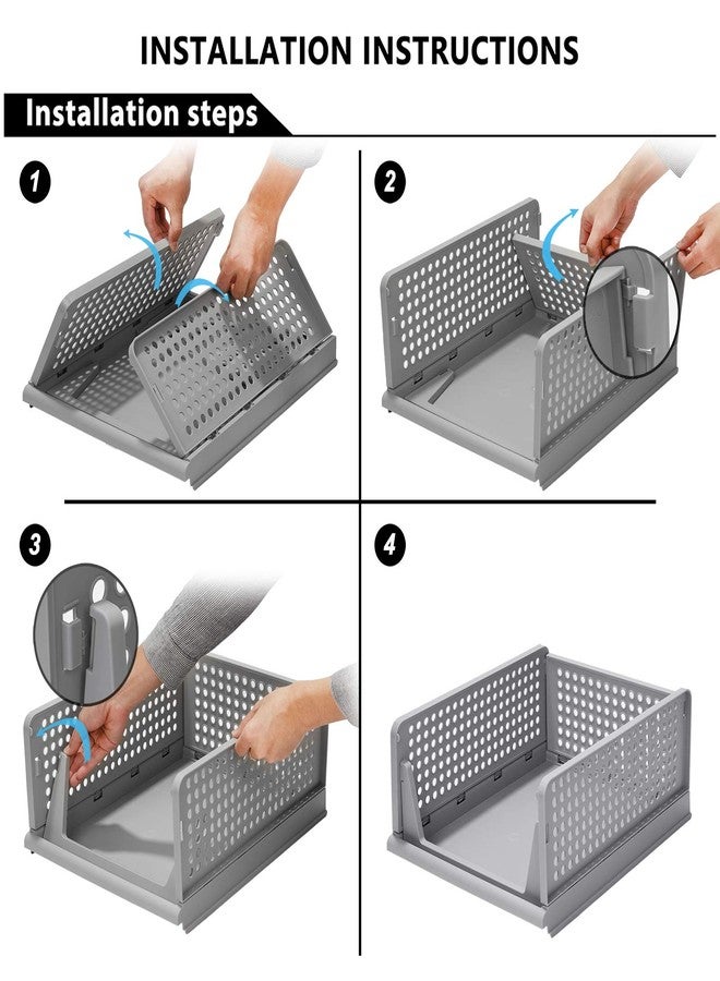 Phyllia 4 Pack Closet Basket Shelf Storage Bins Plastic Super Large Capacity Collapsible Kid Toy Rack for Kitchen Cabinets, Pantry, Offices, Bedrooms, Bathrooms(Gray) - Image 5