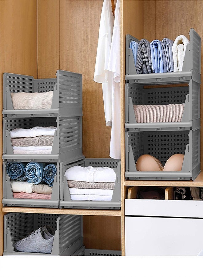 Phyllia 4 Pack Closet Basket Shelf Storage Bins Plastic Super Large Capacity Collapsible Kid Toy Rack for Kitchen Cabinets, Pantry, Offices, Bedrooms, Bathrooms(Gray) - Image 2