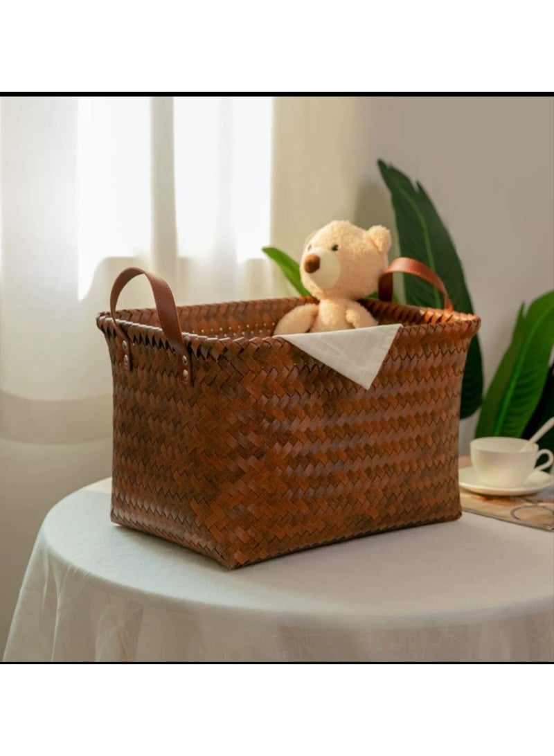 مجموعة من سلتين تخزين كبيرتين من الخيزران، الأبعاد: 38 سم × 26 سم × 24 سم صندوق تخزين مكعب منسوج بمقابض، سلة تخزين مربعة، مناسبة للبطانيات والملابس والألعاب وسلال الغسيل وخزائن الملابس. - Image 2