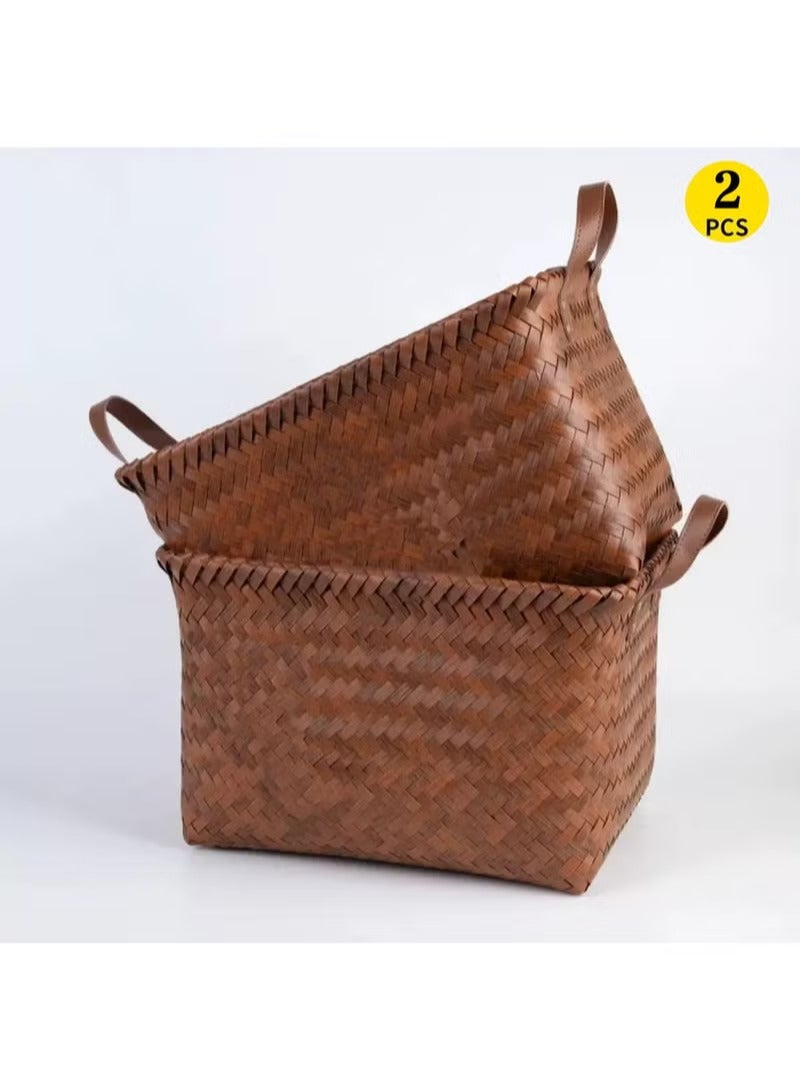 مجموعة من سلتين تخزين كبيرتين من الخيزران، الأبعاد: 38 سم × 26 سم × 24 سم صندوق تخزين مكعب منسوج بمقابض، سلة تخزين مربعة، مناسبة للبطانيات والملابس والألعاب وسلال الغسيل وخزائن الملابس. - Image 1