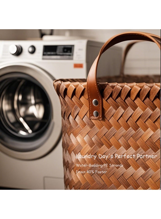 مجموعة من سلتين تخزين كبيرتين من الخيزران، الأبعاد: 38 سم × 26 سم × 24 سم صندوق تخزين مكعب منسوج بمقابض، سلة تخزين مربعة، مناسبة للبطانيات والملابس والألعاب وسلال الغسيل وخزائن الملابس. - Image 5