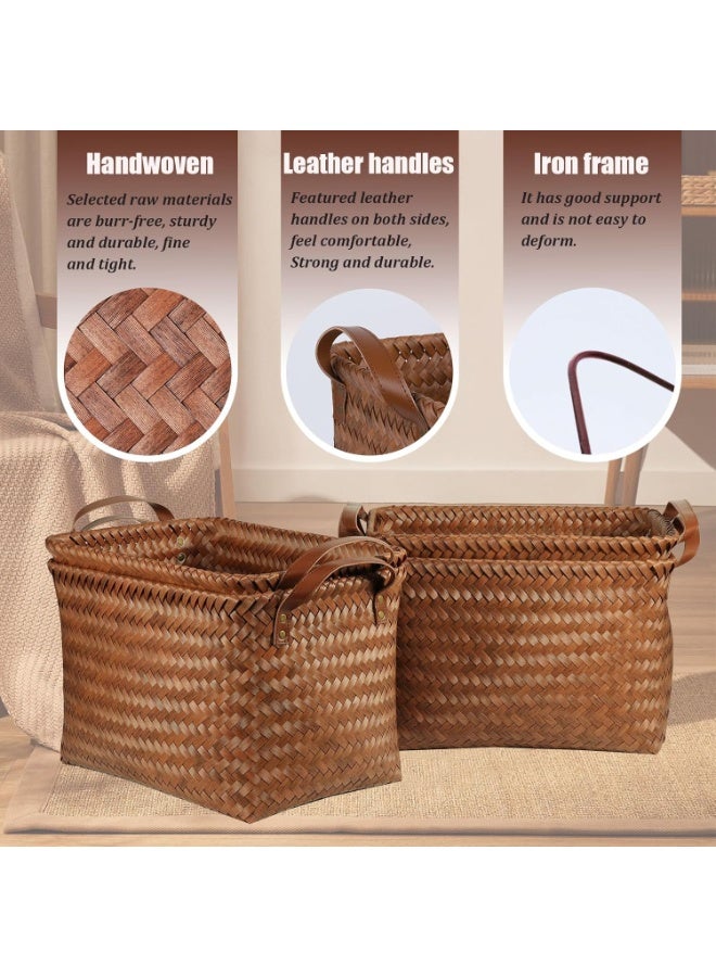 مجموعة من سلتين تخزين كبيرتين من الخيزران، الأبعاد: 38 سم × 26 سم × 24 سم صندوق تخزين مكعب منسوج بمقابض، سلة تخزين مربعة، مناسبة للبطانيات والملابس والألعاب وسلال الغسيل وخزائن الملابس. - Image 3