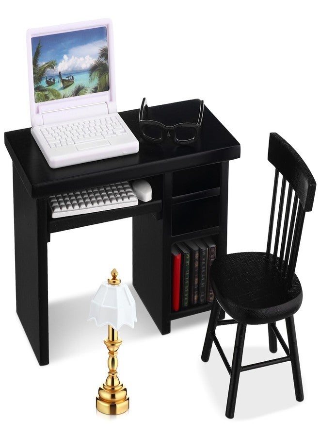 Rotatingpals 10 Pcs Miniature Dollhouse Furniture Accessories Include Mini Laptop Computer Miniature Book Office Table Wooden Mini Dollhouse Furniture 1/12 Scale Miniatures Model Set (Black) - Image 1