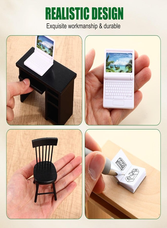 Rotatingpals 10 Pcs Miniature Dollhouse Furniture Accessories Include Mini Laptop Computer Miniature Book Office Table Wooden Mini Dollhouse Furniture 1/12 Scale Miniatures Model Set (Black) - Image 3
