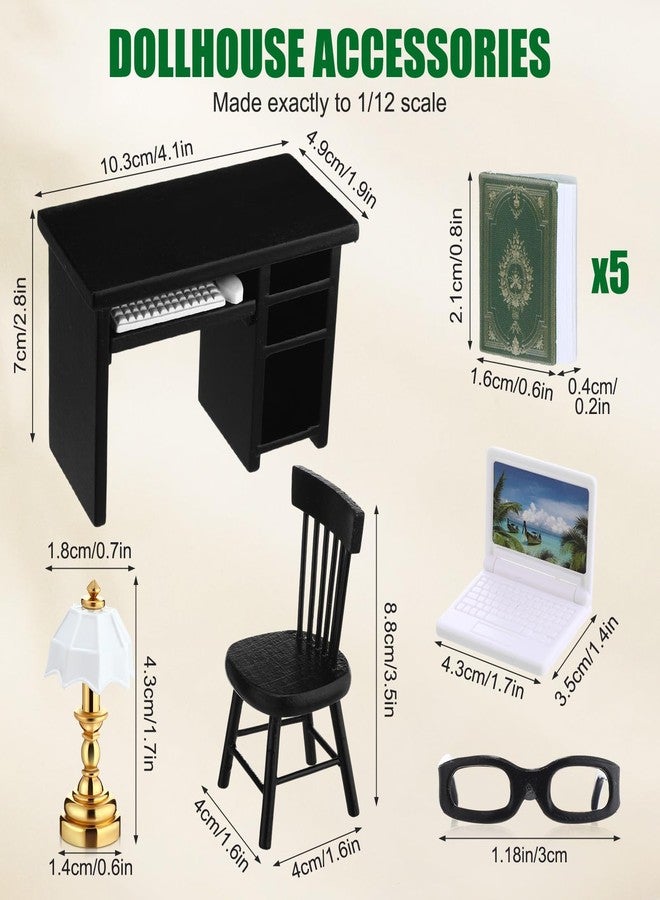 Rotatingpals 10 Pcs Miniature Dollhouse Furniture Accessories Include Mini Laptop Computer Miniature Book Office Table Wooden Mini Dollhouse Furniture 1/12 Scale Miniatures Model Set (Black) - Image 2