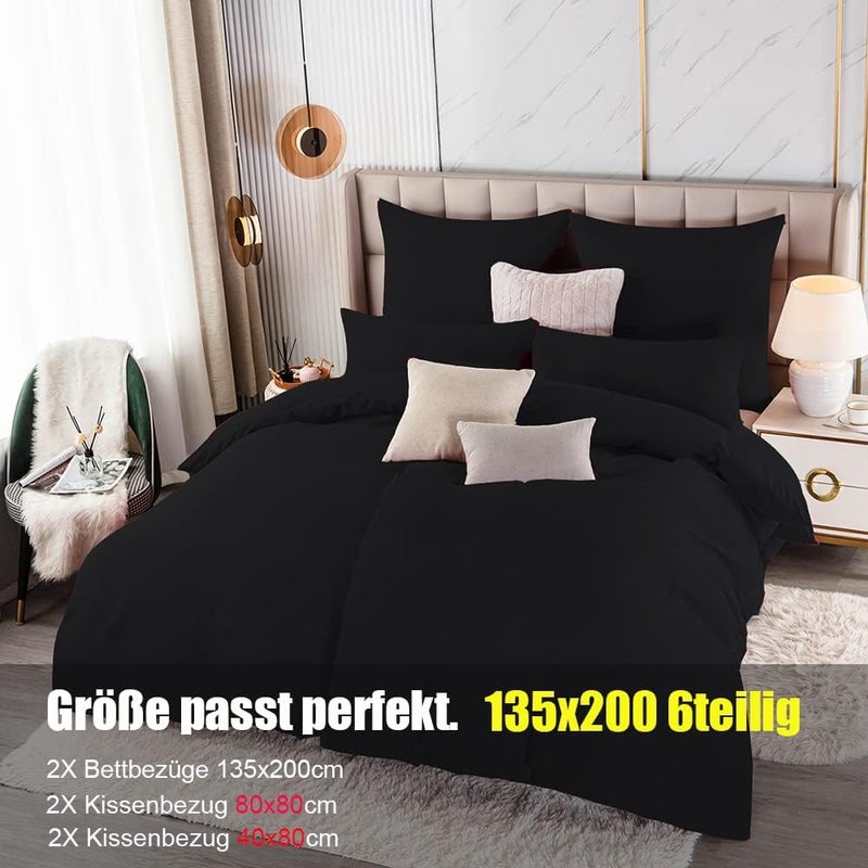Soifox أغطية سرير أسود 135 × 200 سم 6 قطع - 2 غطاء لحاف 135 × 200 سم + 2 كيس وسادة 80 × 80 سم + 2 كيس وسادة 40 × 80 سم، مايكروفايبر ناعم وغير قابل للكي مع سحاب (6 قطع 135 × 200 سم، أسود) - Image 5