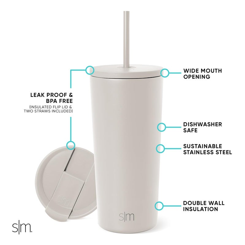 Simple Modern كوب بسيط حديث معزول بغطاء وقشة لكوب القهوة المثلجة زجاجة ماء قابلة لإعادة الاستخدام من الفولاذ المقاوم للصدأ أكواب السفر هدايا للنساء والرجال مجموعة كلاسيكية 20 أونصة لوز بيرش - Image 2
