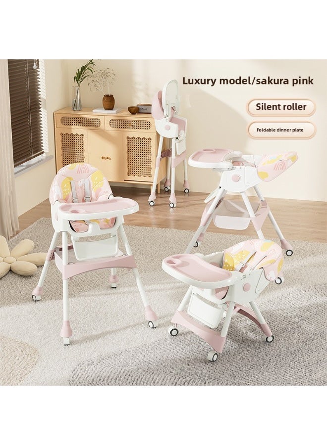 Baby Dining Chair Multifunctional Children'S Metal Foldable Baby Growth Portable High Chair Rocking Chair Dining Chair - Pink - Image 1