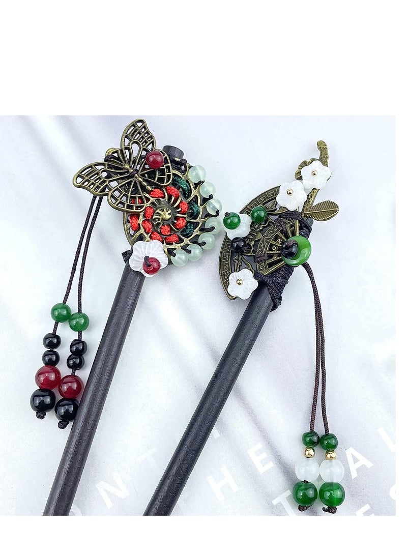 KASTWAVE 4 Pcs Chinese Hair Stick Retro Wooden Hairpin Butterfly Flower Hair Chopsticks Vintage Hanfu Pins Headdress Classic Hair Fork Vintage Tassel Hair Chopsticks Retroa Flower Handmade Wooden Hair Pins - Image 3