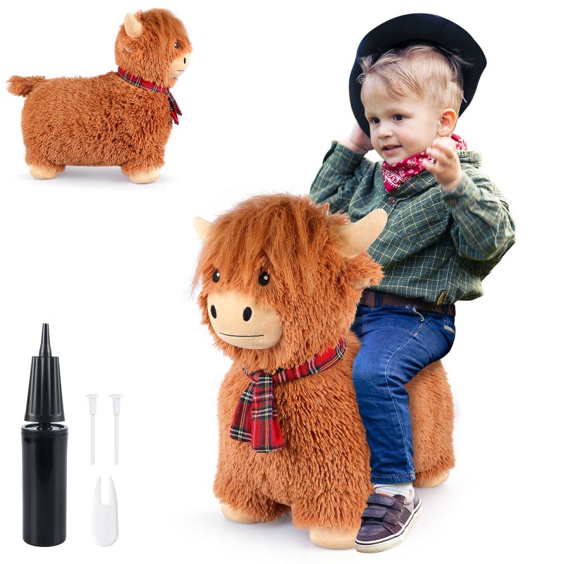 SuzziPals Bouncy Highland Cow Hopper Toys, Inflatable Cow Ride on Bouncer, Indoor Outdoor Highland Cows Plush Bouncy Horse for Toddlers & Kids, Bouncing Animals Toddler Toys, Toddler Gifts - Image 1