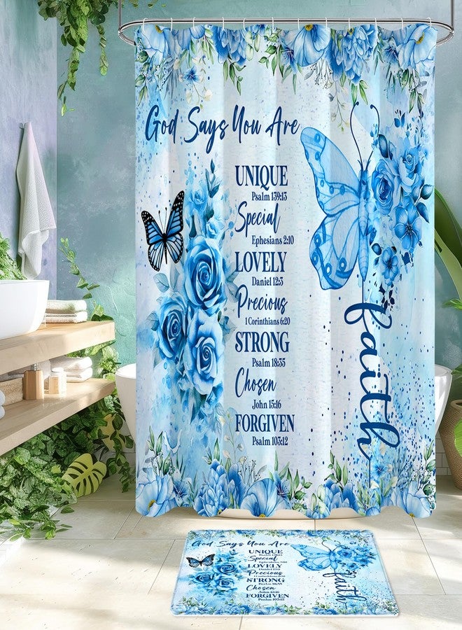 Litabel 4 Pcs Blue Butterfly Inspirational Quotes Shower Curtain Set with Rugs and Toilet Lid Cover, Colorful Boho Waterproof Fabric Bathroom Set, Bible Verse Floral Bathroom Decor Set Accessories - Image 3
