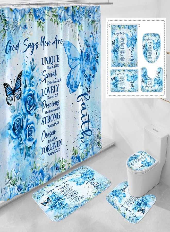 Litabel 4 Pcs Blue Butterfly Inspirational Quotes Shower Curtain Set with Rugs and Toilet Lid Cover, Colorful Boho Waterproof Fabric Bathroom Set, Bible Verse Floral Bathroom Decor Set Accessories - Image 1