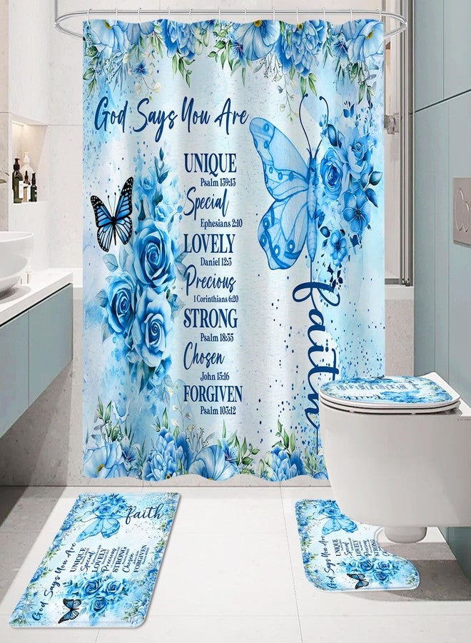 Litabel 4 Pcs Blue Butterfly Inspirational Quotes Shower Curtain Set with Rugs and Toilet Lid Cover, Colorful Boho Waterproof Fabric Bathroom Set, Bible Verse Floral Bathroom Decor Set Accessories - Image 2